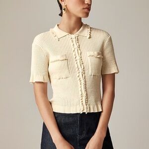 J. Crew Pointelle Ruffle Trim Cardigan Collared Button Shirt Top  Size XXS Creme